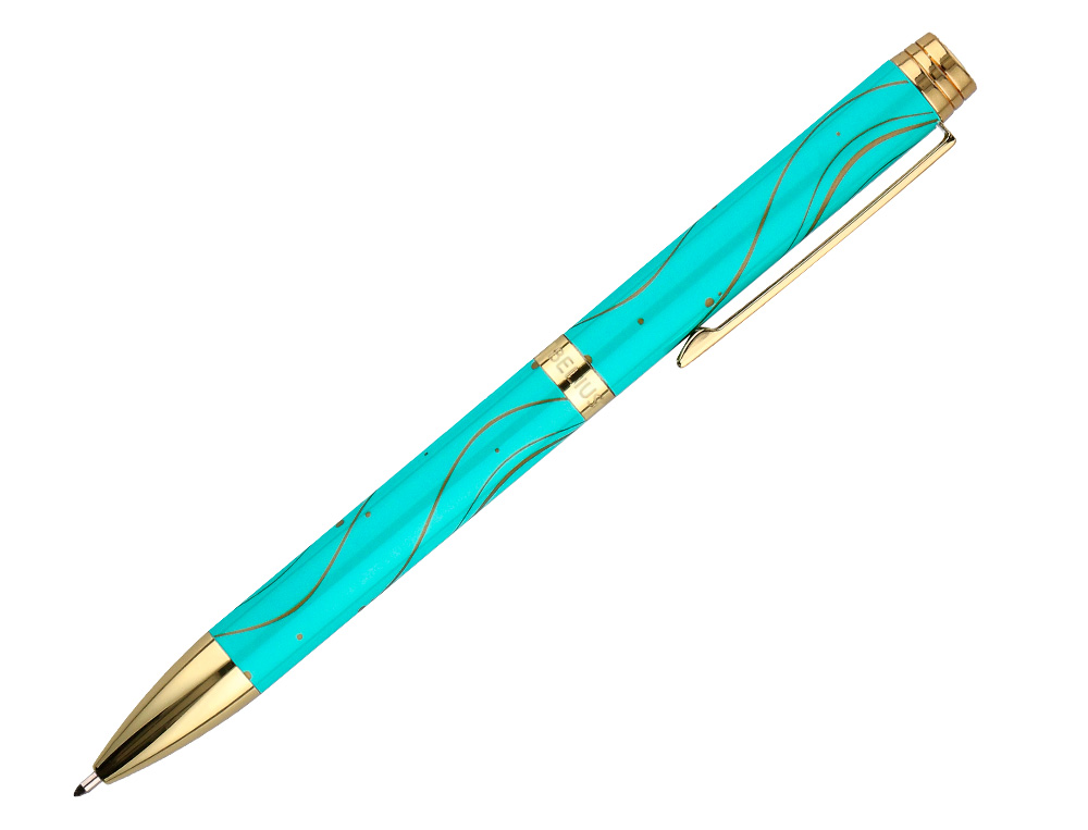 BOLIGRAFO BELIUS AQUA ALUMINIO COLOR TURQUESA Y DORADO TINTA AZUL CAJA DE DISEO