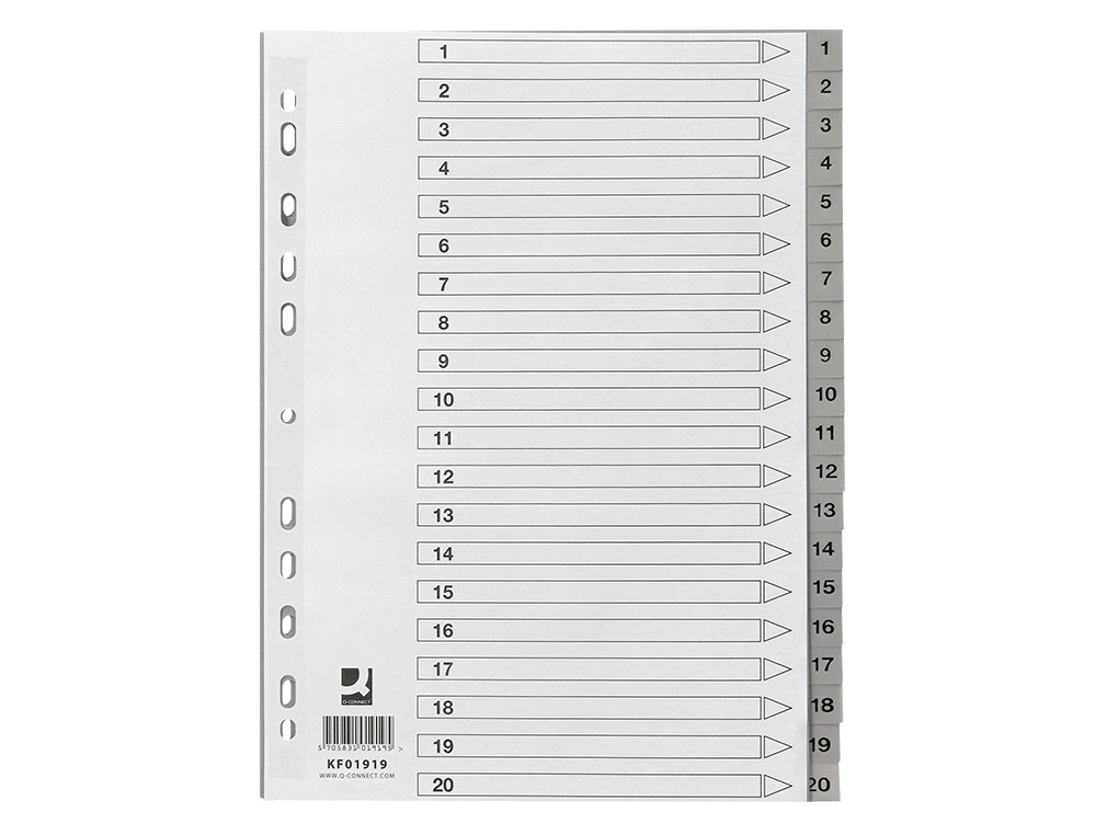 SEPARADOR NUMERICO Q-CONNECT PLASTICO 1-20 JUEGO DE 20 SEPARADORES DIN A4 MULTITALADRO