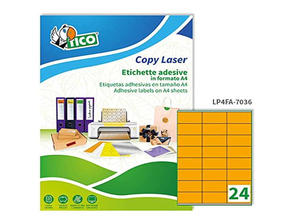 ETIQUETA ADHESIVA TICO NARANJA FLUOR PERMANENTE FSC LASER/INKJET/FOTOCOPIA 70X36 MM CAJA DE 1680 UNIDADES