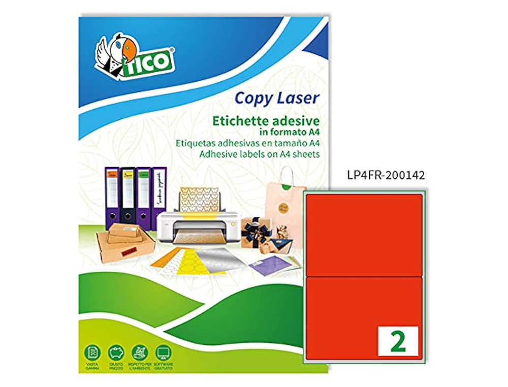 ETIQUETA ADHESIVA TICO ROJO FL UORESCENTES PERMANENTE FSC LASER/INKJET/FOTOCOPIA 200X142 MMCAJA DE 140 UNIDADES