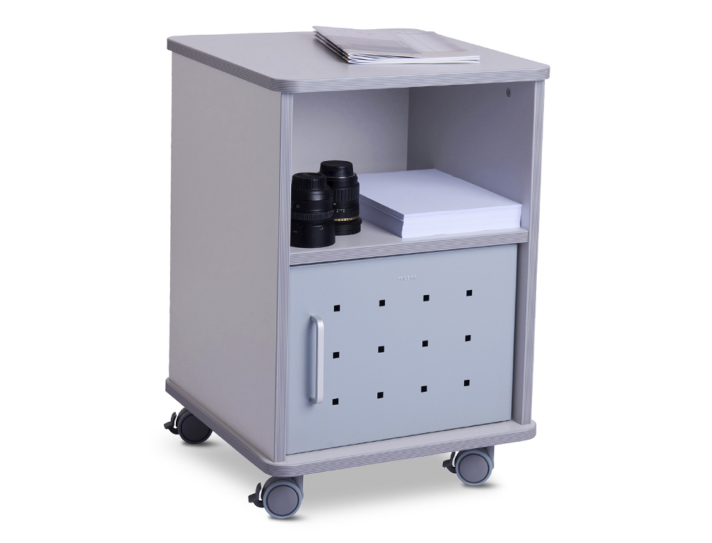 MESA AUXILIAR ROCADA RD-4030 PARA FOTOCOPIADORAS/FAX MELAMINA CON RUEDAS Y PUERTA METALICA GRIS 47X49X68 CM