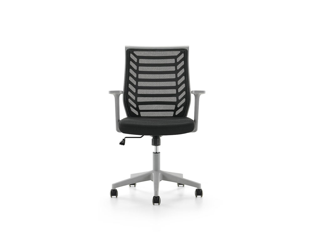 SILLA ROCADA DE OFICINA BRAZOS REGULABLES ESTRUCTURA GRIS RESPALDO MALLA Y ASIENTO TELA IGNIFUGA NEGRO