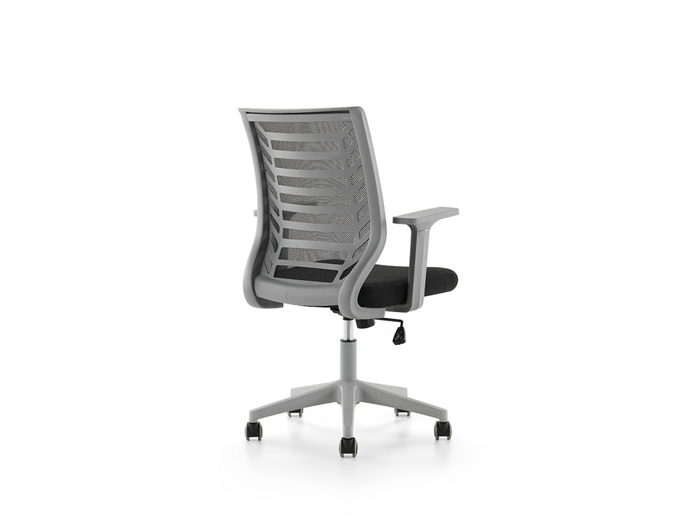 SILLA ROCADA DE OFICINA BRAZOS REGULABLES ESTRUCTURA GRIS RESPALDO MALLA Y ASIENTO TELA IGNIFUGA NEGRO