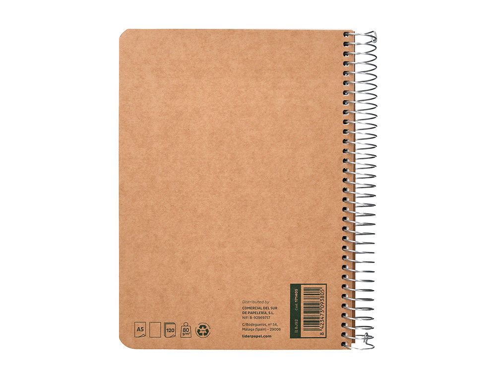 CUADERNO ESPIRAL LIDERPAPEL DIN A5 ECOUSE TAPA CARTULINA KRAFT CONTRACOLADA 120H PAPEL 100% RECICLADO 80GR LISO