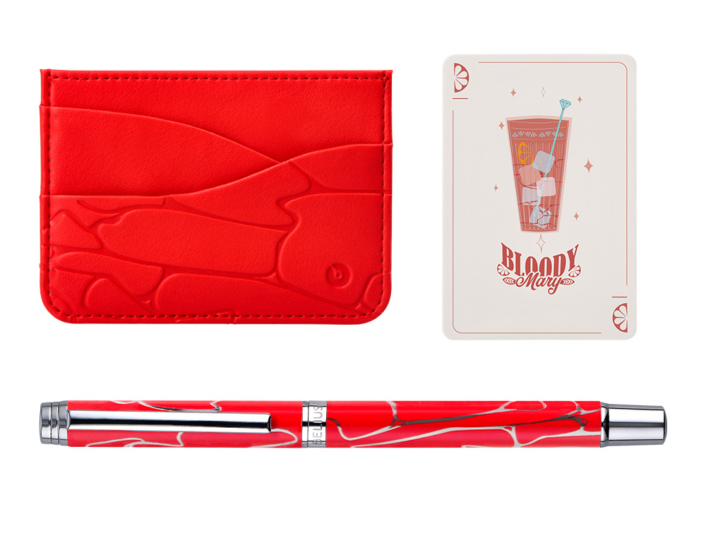 BOLIGRAFO Y WALLET BELIUS COCKTAILS BLOODY MARY ALUMINIOROJO PLATEADO RELIEVE TINTA COLOR AZUL CAJA DE DISEO
