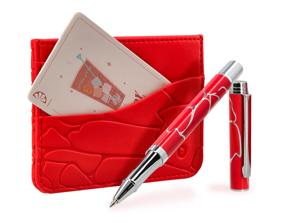 BOLIGRAFO Y WALLET BELIUS COCKTAILS BLOODY MARY ALUMINIOROJO PLATEADO RELIEVE TINTA COLOR AZUL CAJA DE DISEO