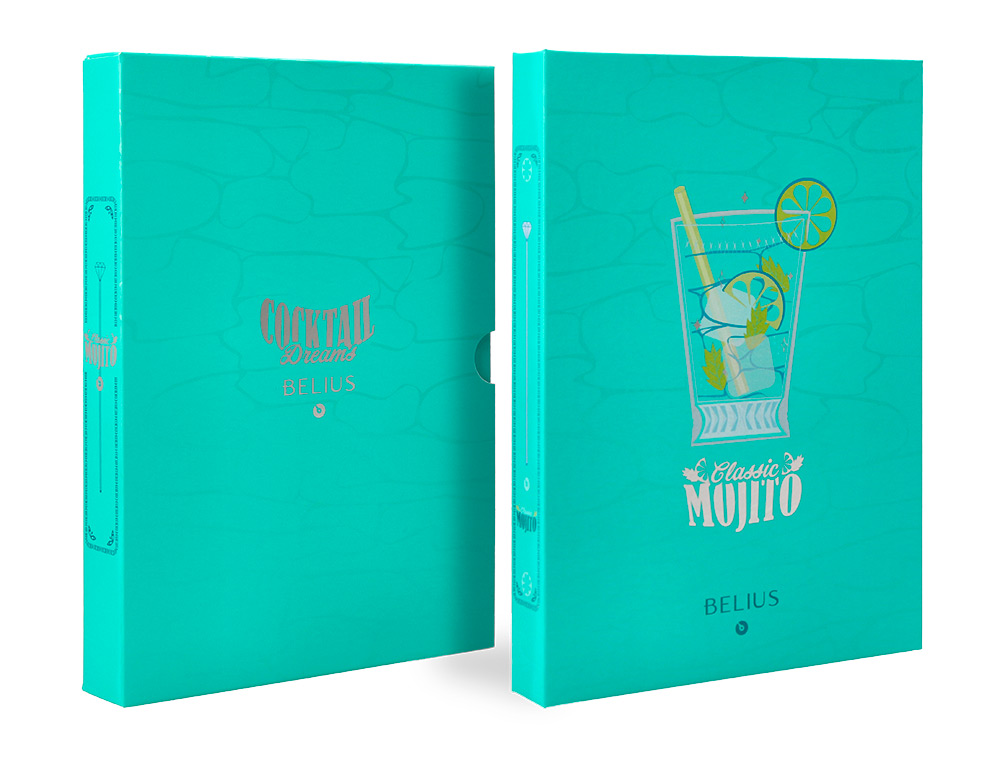 BOLIGRAFO Y WALLET BELIUS COCKTAILS MOJITO ALUMINIO VERDE PLATEADO RELIEVE TINTA COLOR AZUL CAJA DE DISEO
