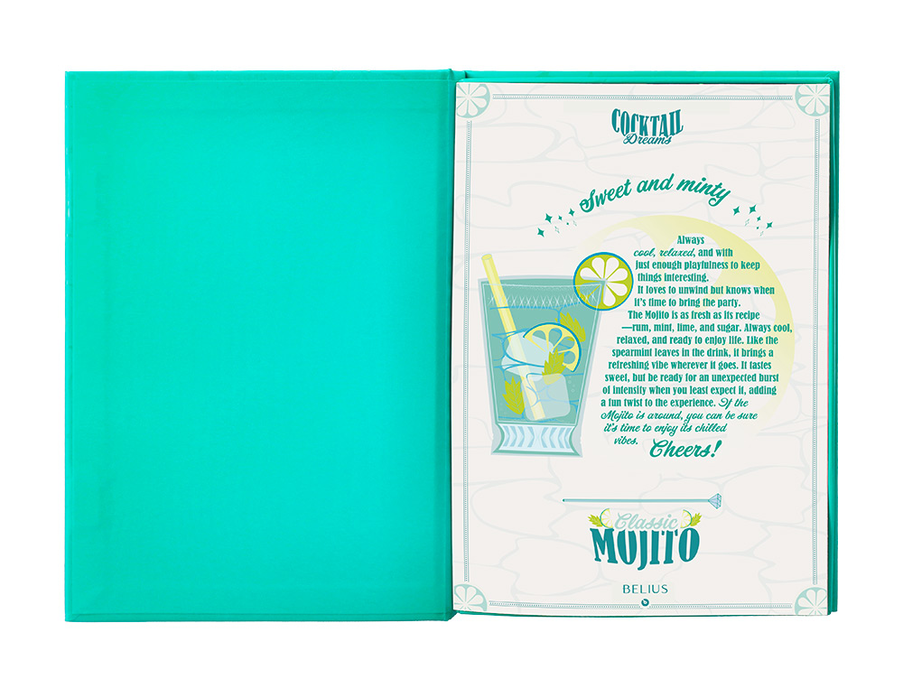 BOLIGRAFO Y WALLET BELIUS COCKTAILS MOJITO ALUMINIO VERDE PLATEADO RELIEVE TINTA COLOR AZUL CAJA DE DISEO