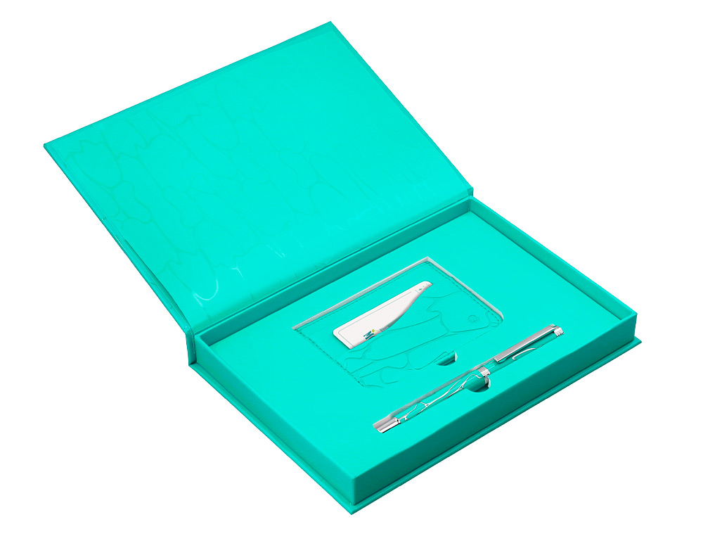 BOLIGRAFO Y WALLET BELIUS COCKTAILS MOJITO ALUMINIO VERDE PLATEADO RELIEVE TINTA COLOR AZUL CAJA DE DISEO
