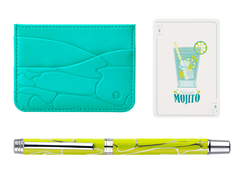 BOLIGRAFO Y WALLET BELIUS COCKTAILS MOJITO ALUMINIO VERDE PLATEADO RELIEVE TINTA COLOR AZUL CAJA DE DISEO