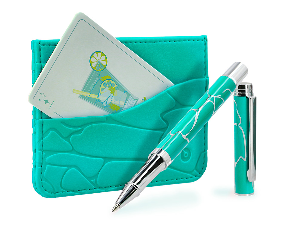 BOLIGRAFO Y WALLET BELIUS COCKTAILS MOJITO ALUMINIO VERDE PLATEADO RELIEVE TINTA COLOR AZUL CAJA DE DISEO