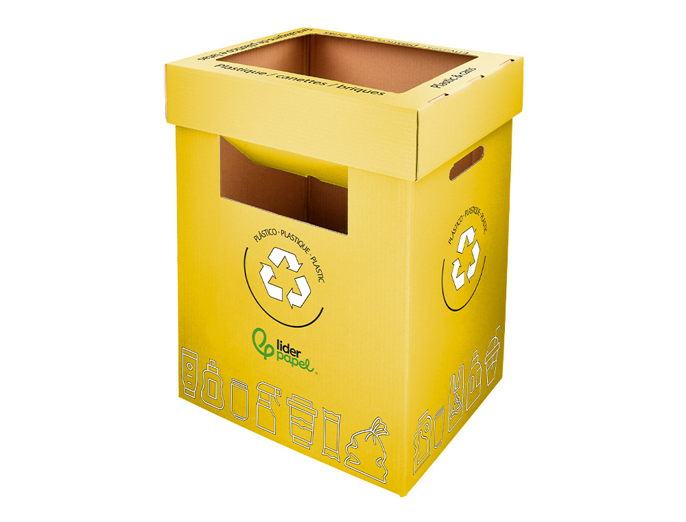 CONTENEDOR PAPELERA RECICLAJE LIDERPAPEL CARTON RECICLADO PARA ENVASES 450X350X650 MM 70 LITROS AMARILLO