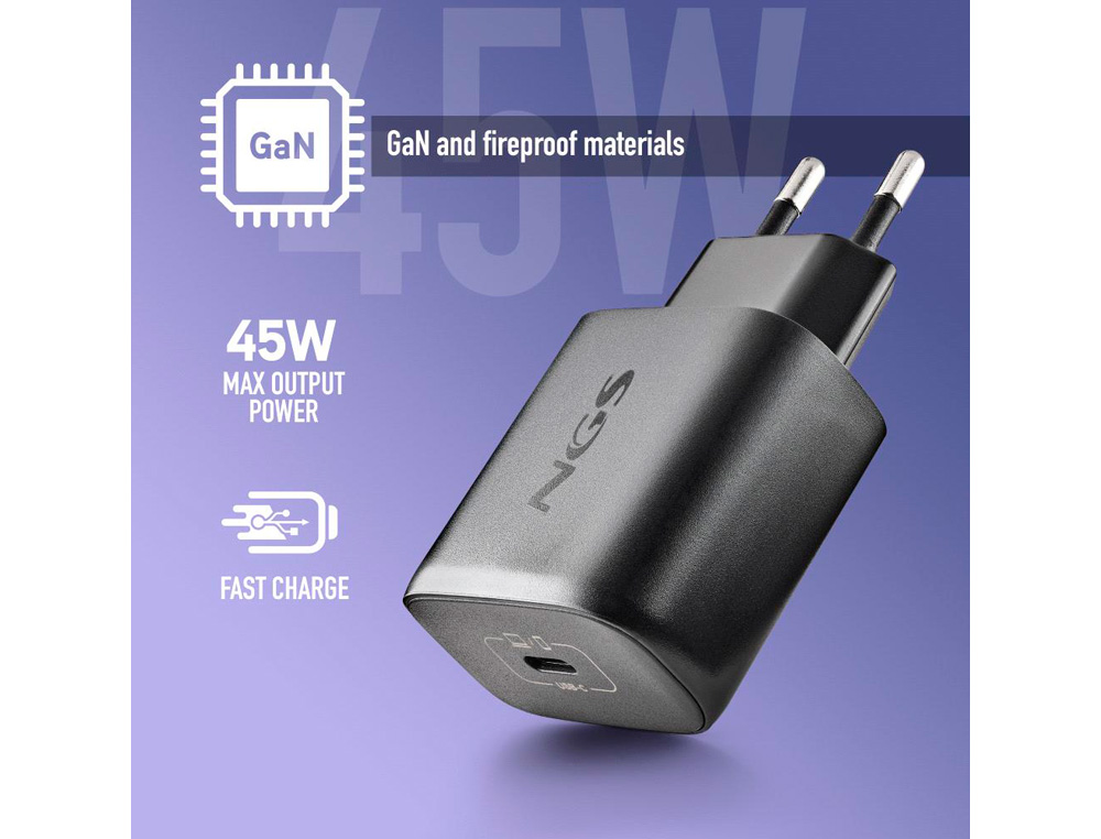 CARGADOR NGS DE PARED GAN ULTRARAPIDO PARA PORTATIL 45W USB-C CON CABLE USB-C A USB-C LONGITUD 1,5 MT