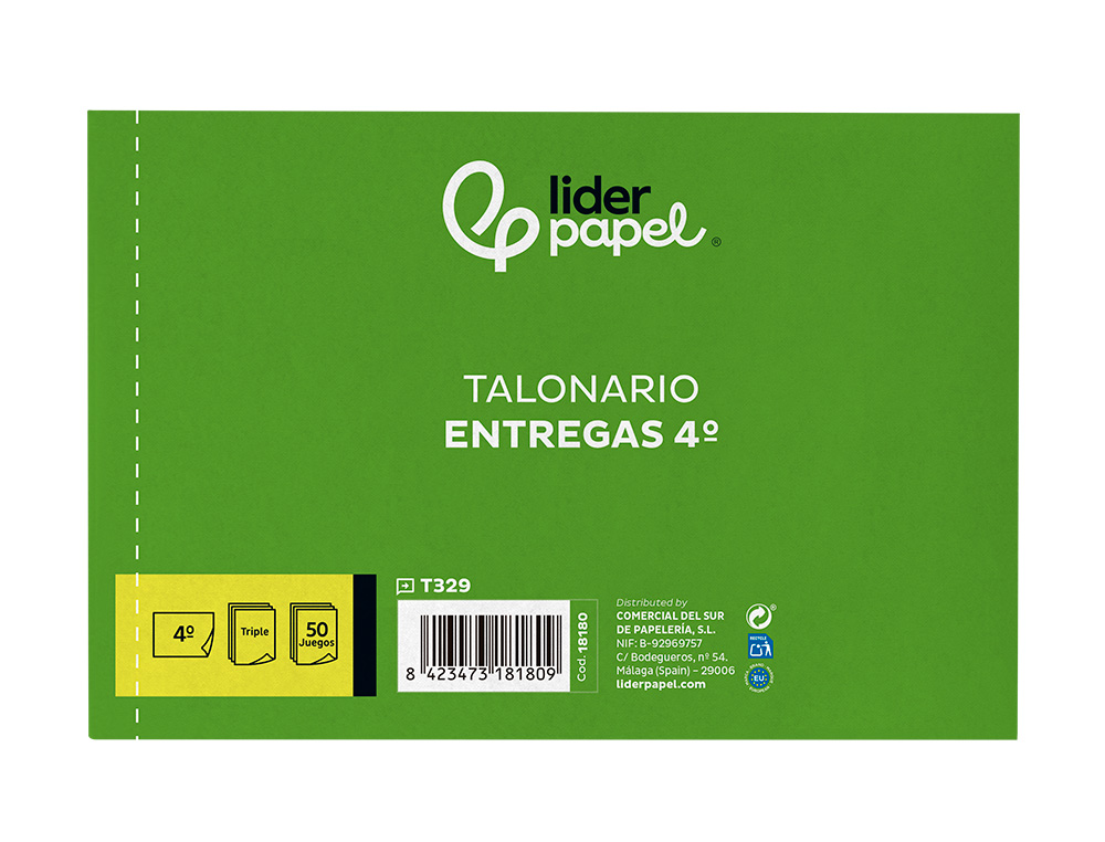 TALONARIO LIDERPAPEL ENTREGAS CUARTO ORIGINAL Y 2 COPIAS T329 APAISADO
