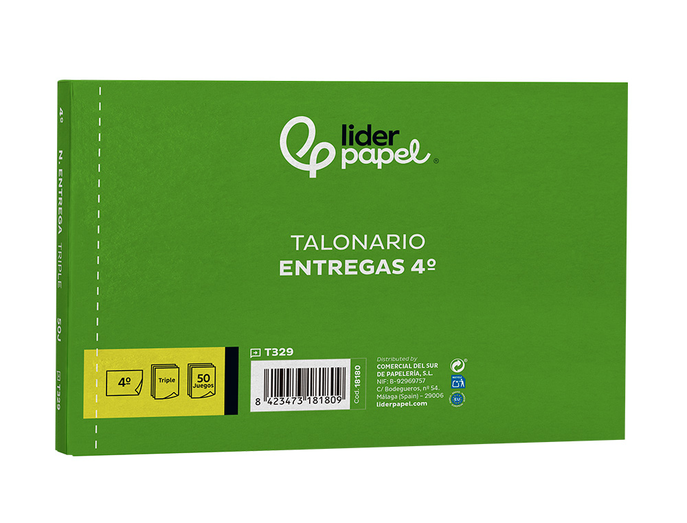 TALONARIO LIDERPAPEL ENTREGAS CUARTO ORIGINAL Y 2 COPIAS T329 APAISADO