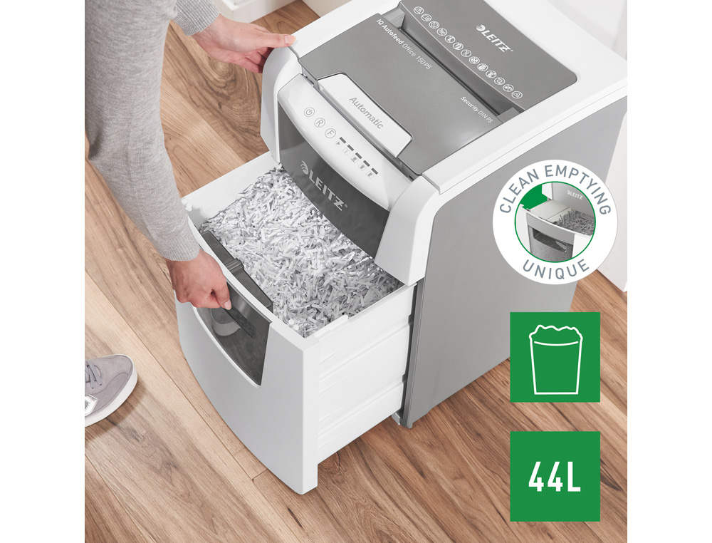 DESTRUCTORA DE DOCUMENTOS LEITZ IQ AUTO+ OFFICE 150 CAPACIDAD DE CORTE 150 HOJAS DESTRUYE GRAPAS Y CLIPS