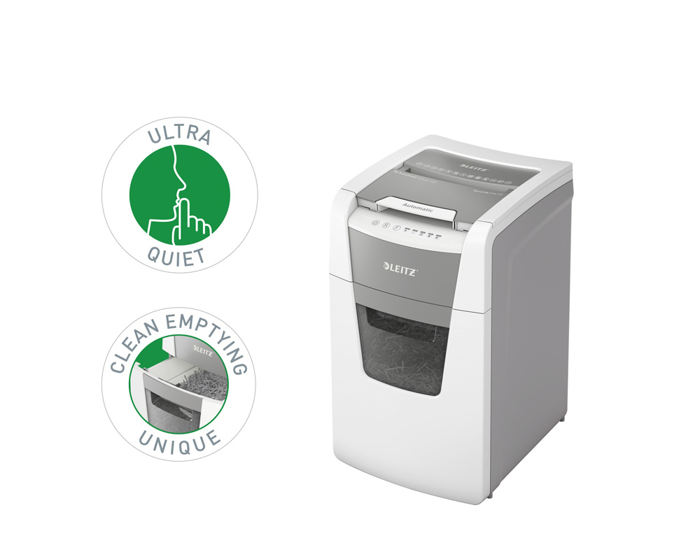 DESTRUCTORA DE DOCUMENTOS LEITZ IQ AUTO+ OFFICE 150 CAPACIDAD DE CORTE 150 HOJAS DESTRUYE GRAPAS Y CLIPS