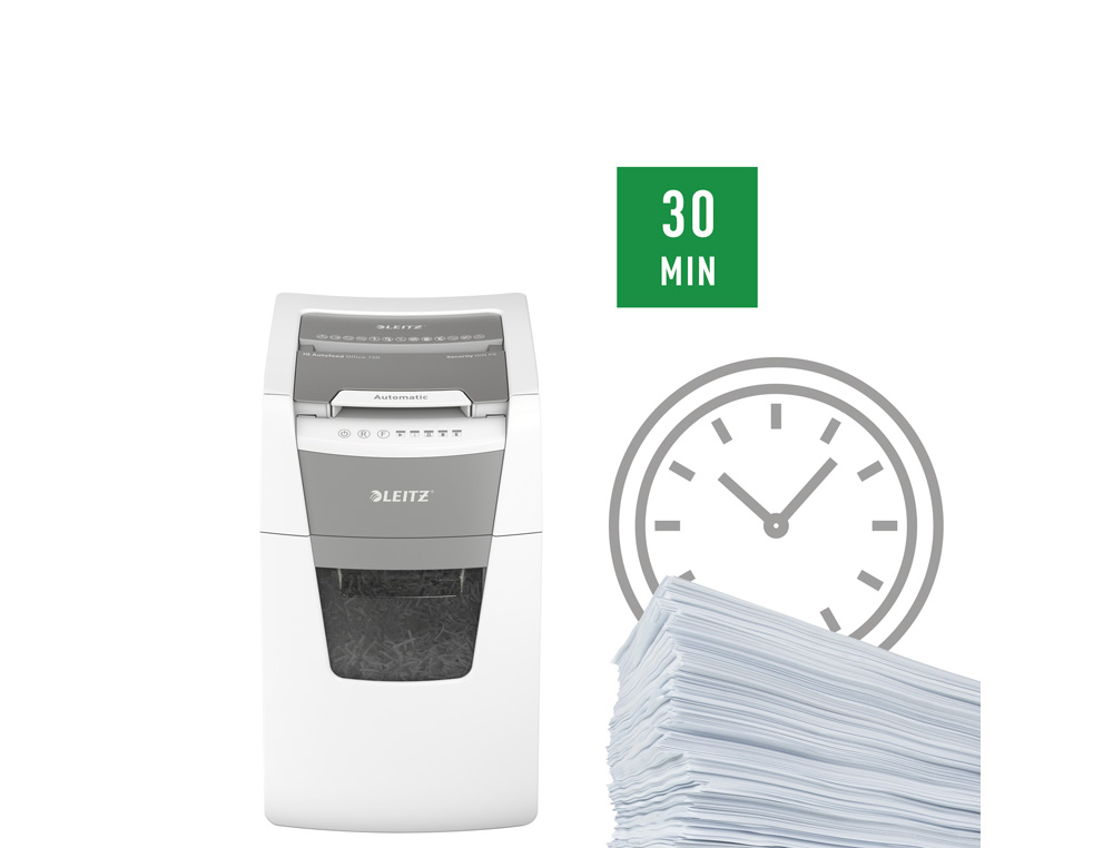 DESTRUCTORA DE DOCUMENTOS LEITZ IQ AUTO+ OFFICE 150 CAPACIDAD DE CORTE 150 HOJAS DESTRUYE GRAPAS Y CLIPS