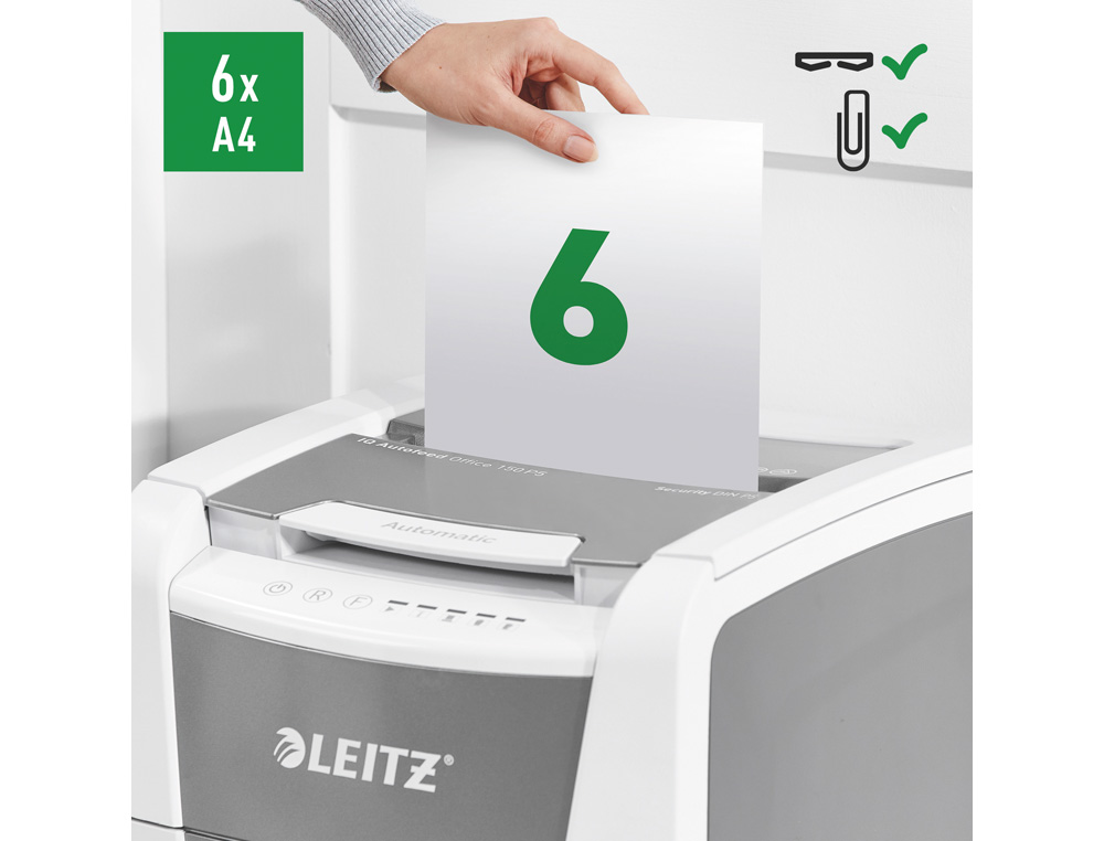 DESTRUCTORA DE DOCUMENTOS LEITZ IQ AUTO+ OFFICE 150 CAPACIDAD DE CORTE 150 HOJAS DESTRUYE GRAPAS Y CLIPS