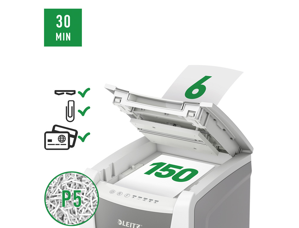 DESTRUCTORA DE DOCUMENTOS LEITZ IQ AUTO+ OFFICE 150 CAPACIDAD DE CORTE 150 HOJAS DESTRUYE GRAPAS Y CLIPS