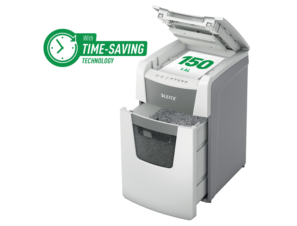 DESTRUCTORA DE DOCUMENTOS LEITZ IQ AUTO+ OFFICE 150 CAPACIDAD DE CORTE 150 HOJAS DESTRUYE GRAPAS Y CLIPS