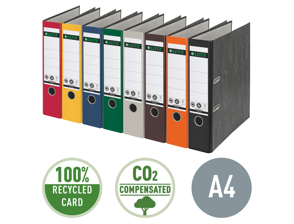 ARCHIVADOR DE PALANCA LEITZ CO2 NEUTRAL CARTON JASPEADO 180 DIN A4 LOMO 80 MM NEGRO