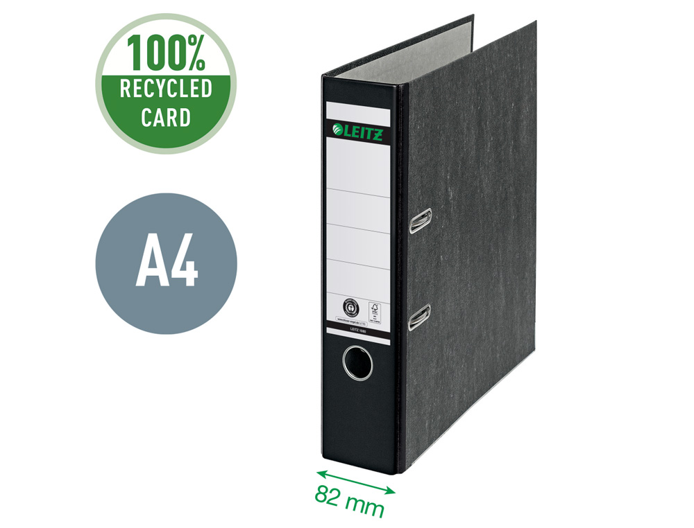 ARCHIVADOR DE PALANCA LEITZ CO2 NEUTRAL CARTON JASPEADO 180 DIN A4 LOMO 80 MM NEGRO