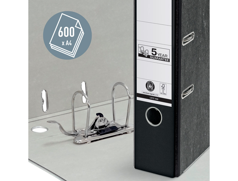 ARCHIVADOR DE PALANCA LEITZ CO2 NEUTRAL CARTON JASPEADO 180 DIN A4 LOMO 80 MM NEGRO