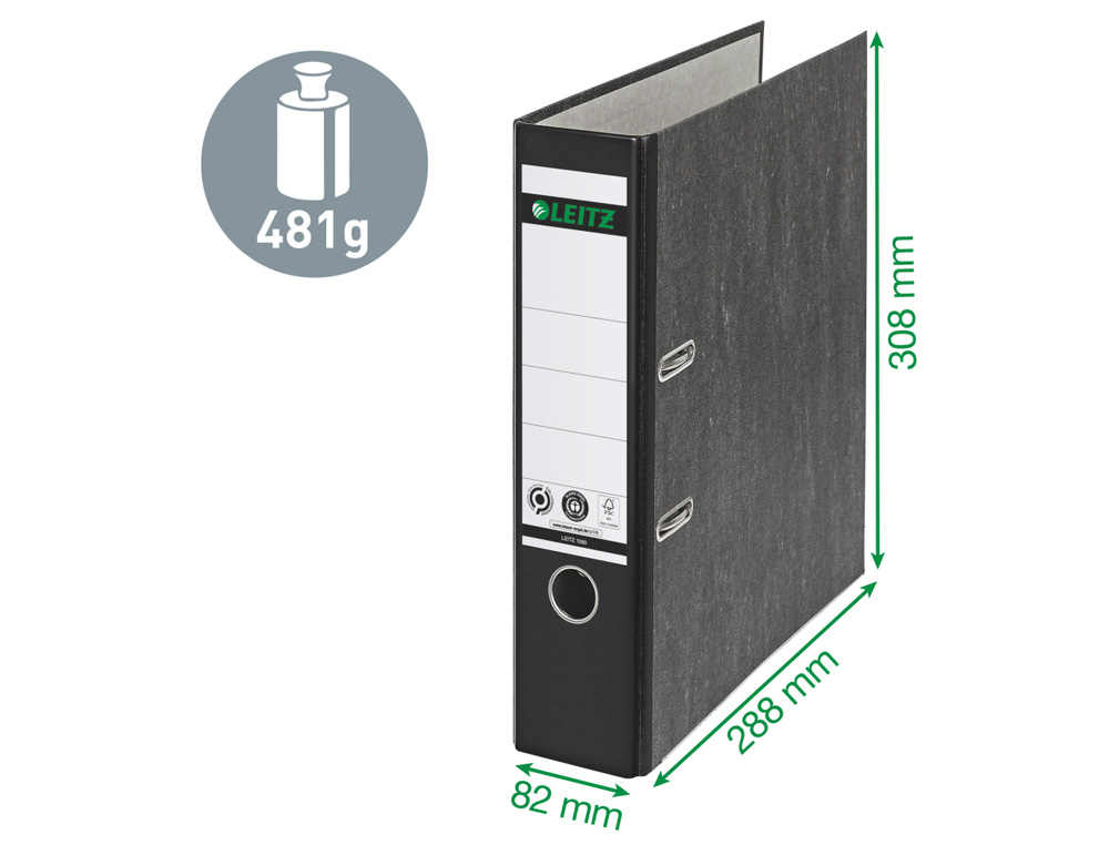 ARCHIVADOR DE PALANCA LEITZ CO2 NEUTRAL CARTON JASPEADO 180 DIN A4 LOMO 80 MM NEGRO