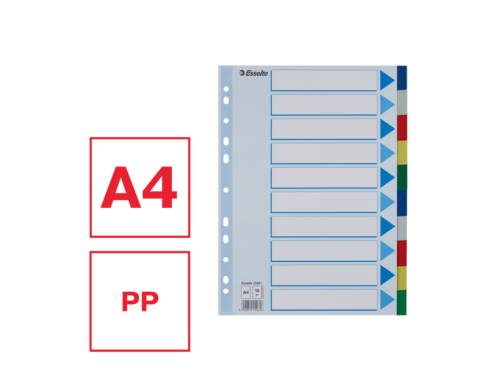 SEPARADORES ESSELTE DIN A4 POLIPROPILENO 10 POSICIONES MULTITALADRO CON CARTULINA INDICE COLOR