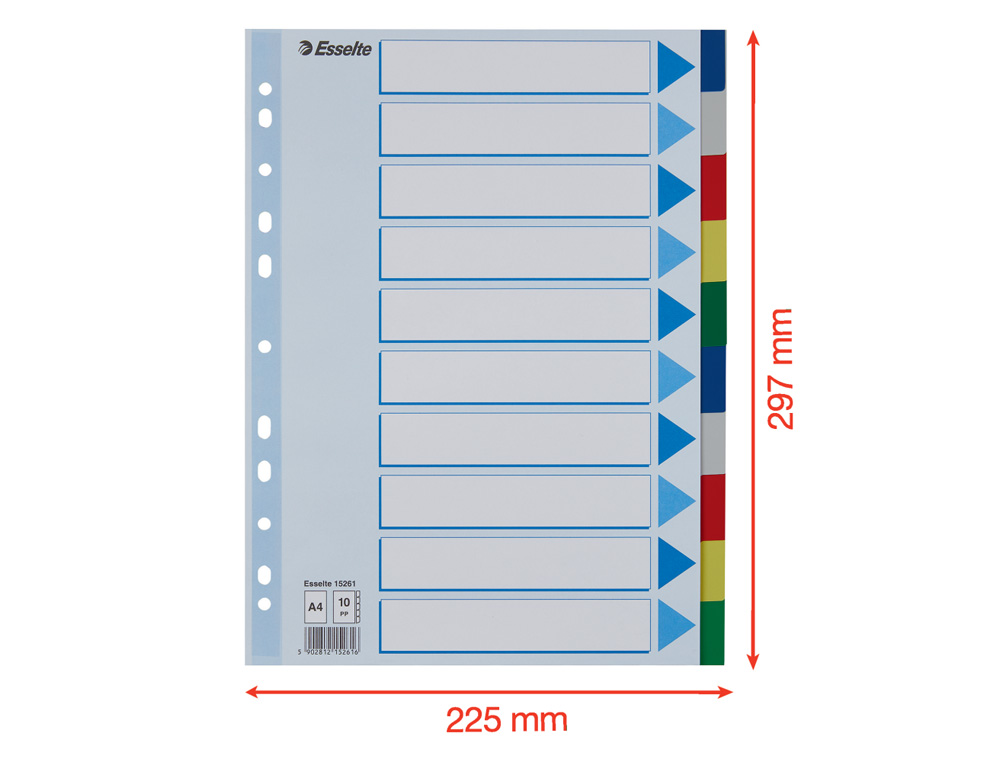 SEPARADORES ESSELTE DIN A4 POLIPROPILENO 10 POSICIONES MULTITALADRO CON CARTULINA INDICE COLOR