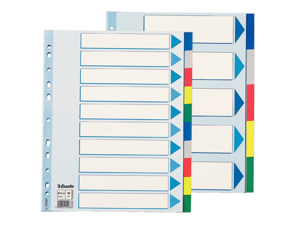 SEPARADORES ESSELTE DIN A4 POLIPROPILENO 10 POSICIONES MULTITALADRO CON CARTULINA INDICE COLOR