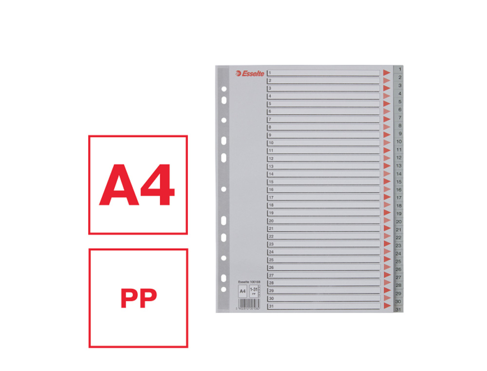 SEPARADOR NUMERICO ESSELTE PLASTICO 1-31 JUEGO DE 31 SEPARADORES DIN A4 MULTITALADRO COLOR GRIS