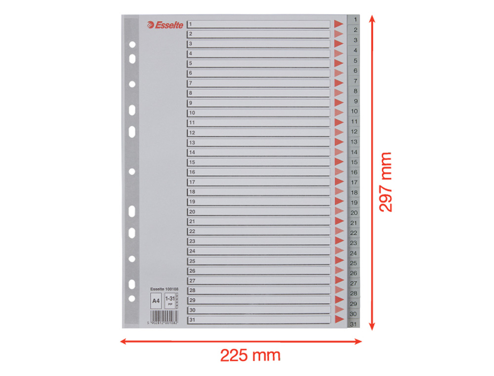 SEPARADOR NUMERICO ESSELTE PLASTICO 1-31 JUEGO DE 31 SEPARADORES DIN A4 MULTITALADRO COLOR GRIS