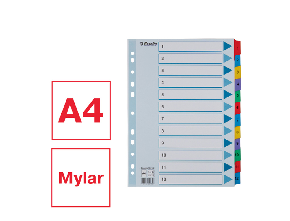 SEPARADOR NUMERICO ESSELTE CARTULINA MYLAR BORRA 1-12 JUEGO DE 12 SEPARADORES DIN A4 MULTITALADRO MULTICOLOR