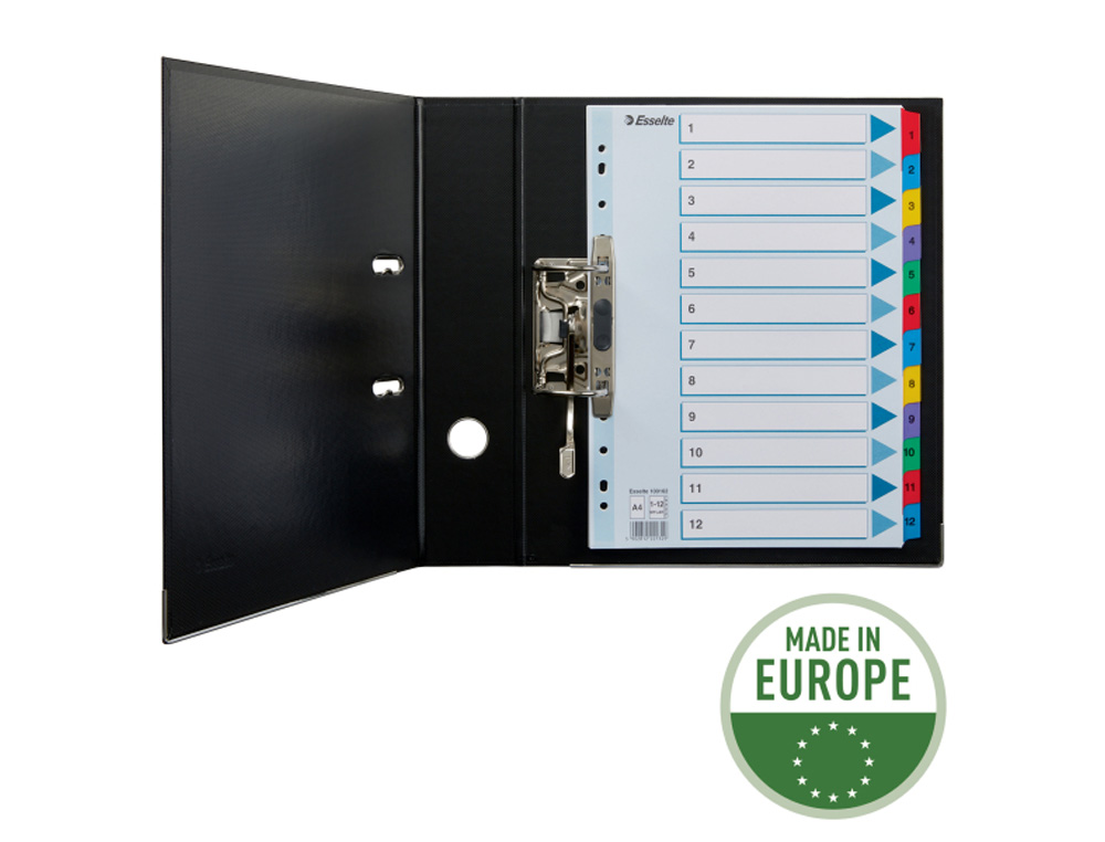 SEPARADOR NUMERICO ESSELTE CARTULINA MYLAR BORRA 1-12 JUEGO DE 12 SEPARADORES DIN A4 MULTITALADRO MULTICOLOR