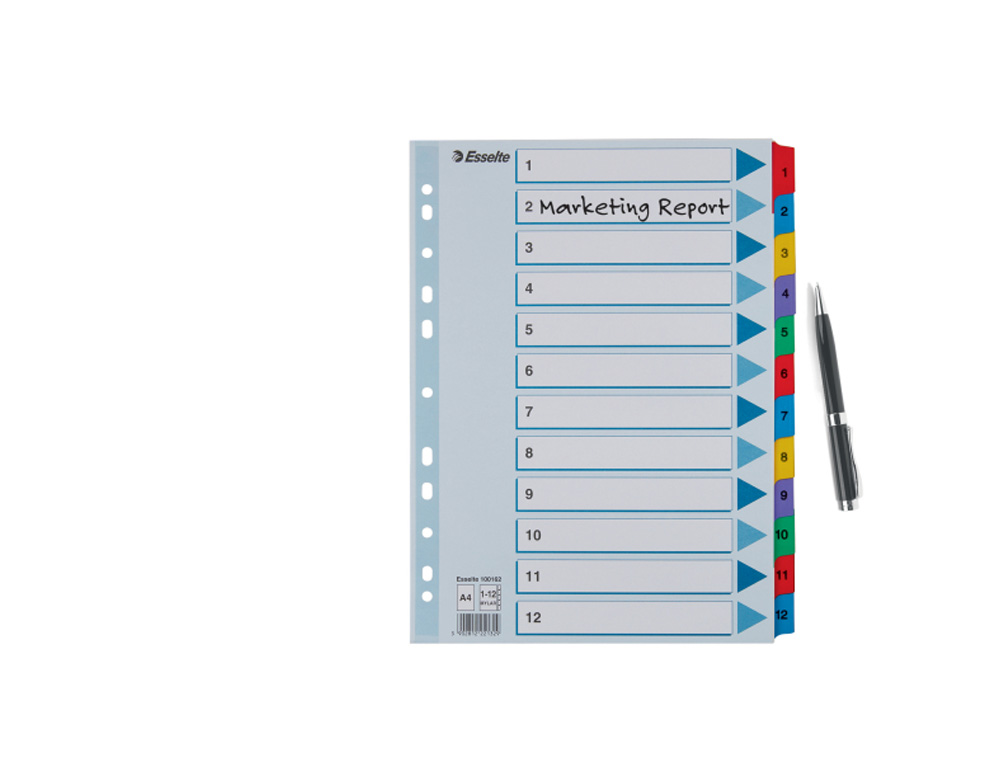 SEPARADOR NUMERICO ESSELTE CARTULINA MYLAR BORRA 1-12 JUEGO DE 12 SEPARADORES DIN A4 MULTITALADRO MULTICOLOR