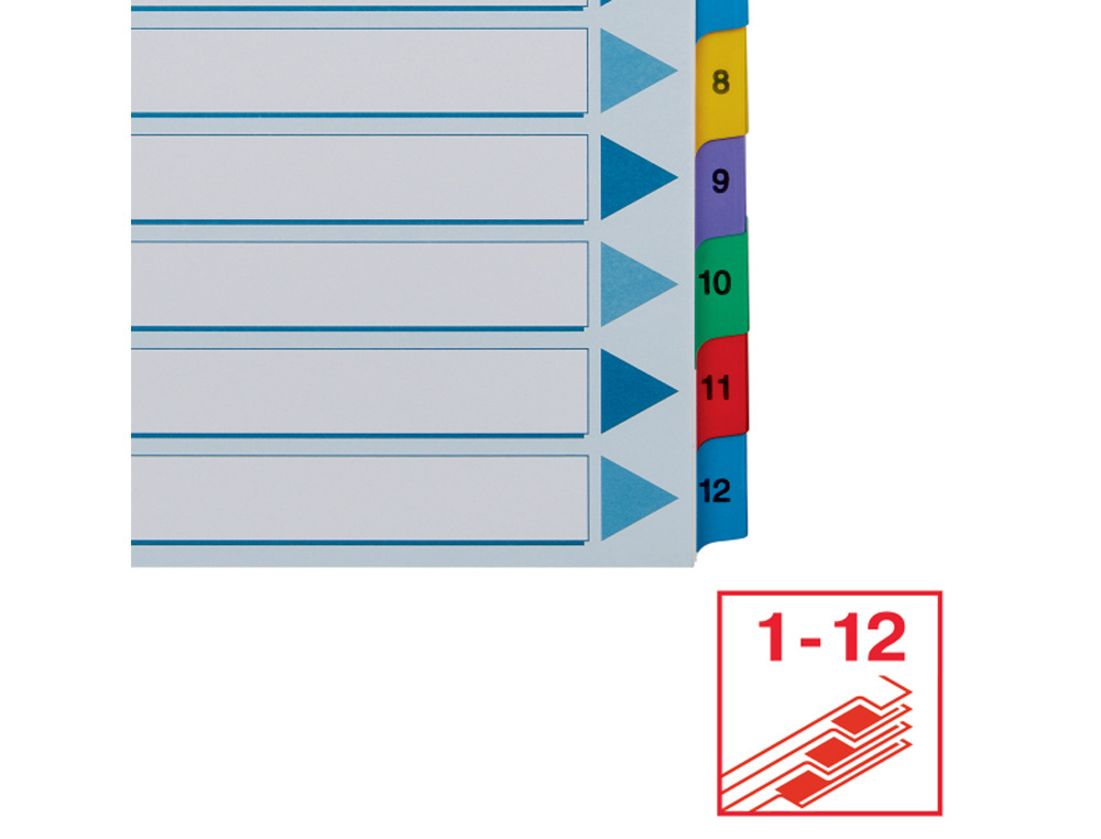 SEPARADOR NUMERICO ESSELTE CARTULINA MYLAR BORRA 1-12 JUEGO DE 12 SEPARADORES DIN A4 MULTITALADRO MULTICOLOR