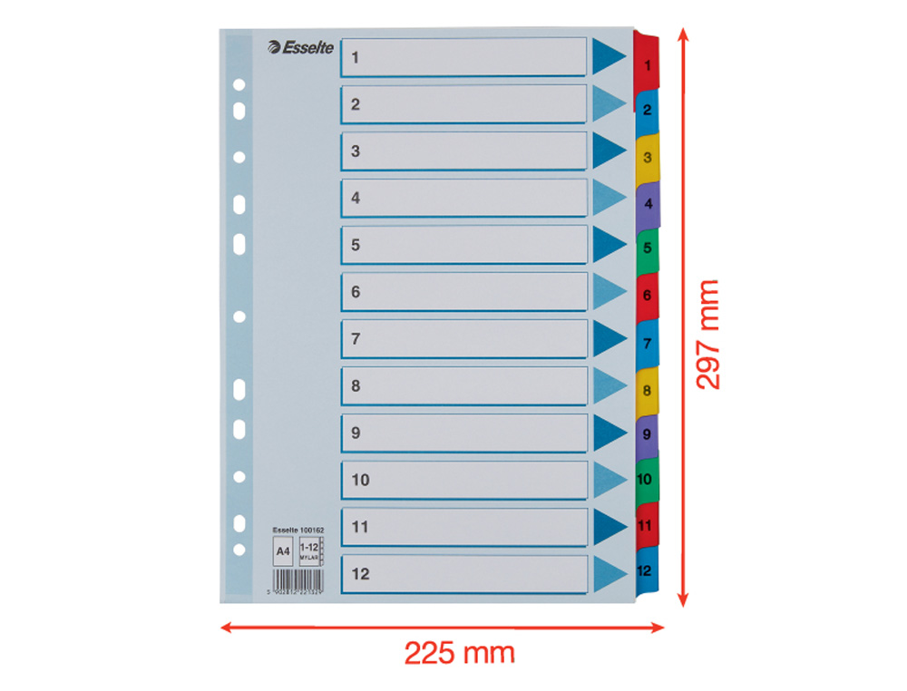 SEPARADOR NUMERICO ESSELTE CARTULINA MYLAR BORRA 1-12 JUEGO DE 12 SEPARADORES DIN A4 MULTITALADRO MULTICOLOR