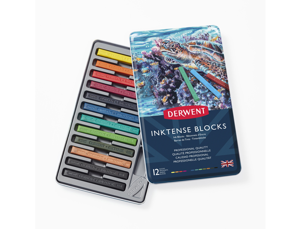 BARRA ACUARELABLE DERWENT INKTENSE CAJA METALICA DE 12 UNIDADES COLORES SURTIDOS
