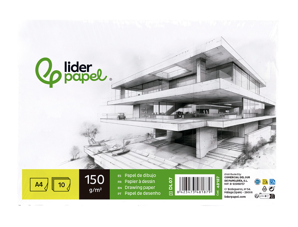 PAPEL DIBUJO LIDERPAPEL 210X297MM 150G/M2 SIN RECUADRO PACK DE 10 HOJAS