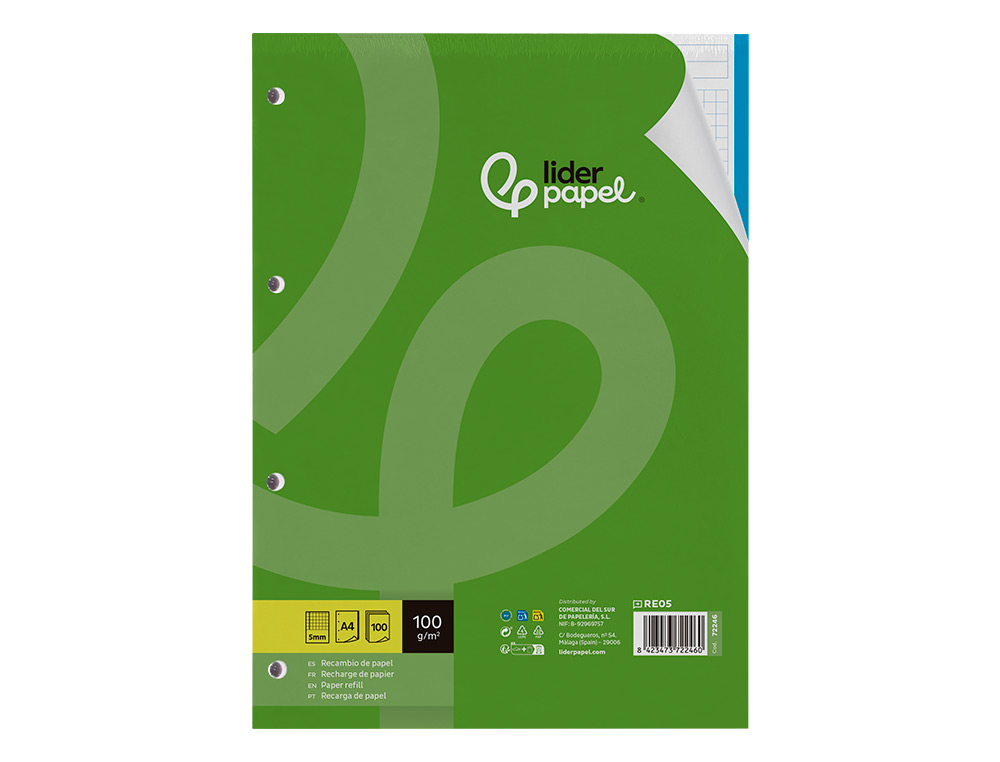 RECAMBIO LIDERPAPEL A4 100 HOJAS 100GR CUADRO 5MM 4 TALADROS BANDAS DE 5 COLORES