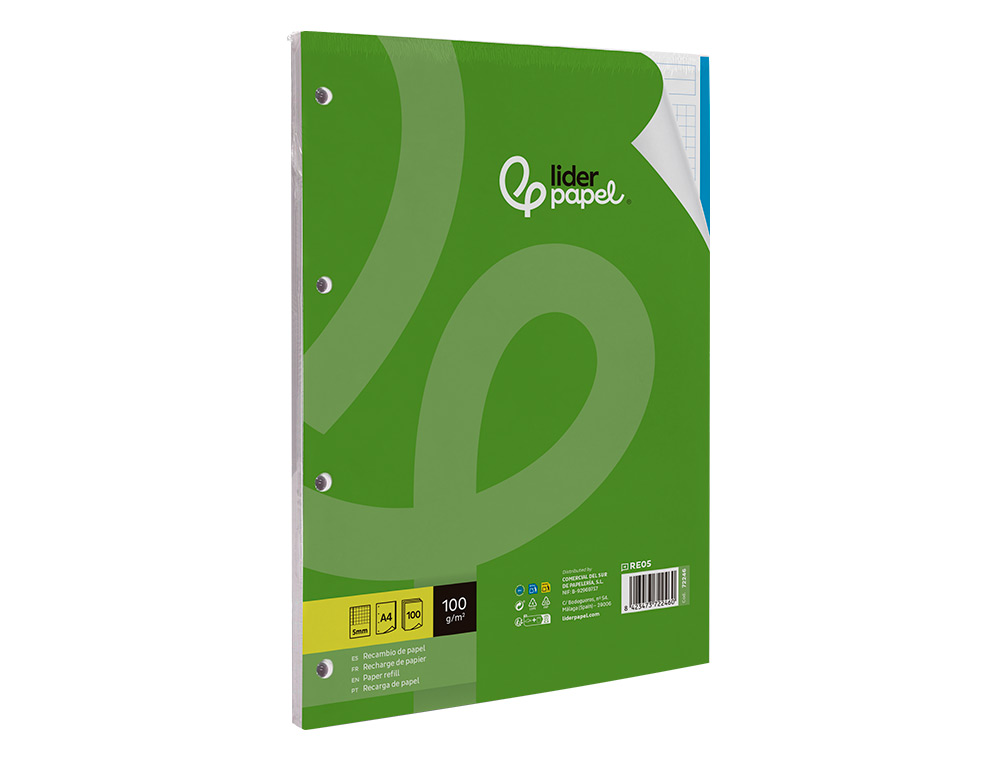 RECAMBIO LIDERPAPEL A4 100 HOJAS 100GR CUADRO 5MM 4 TALADROS BANDAS DE 5 COLORES