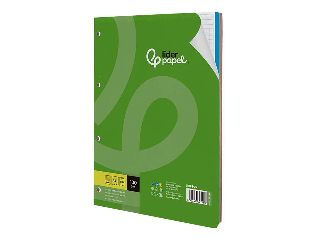 RECAMBIO LIDERPAPEL A4 100 HOJAS 100GR CUADRO 5MM 4 TALADROS BANDAS DE 5 COLORES