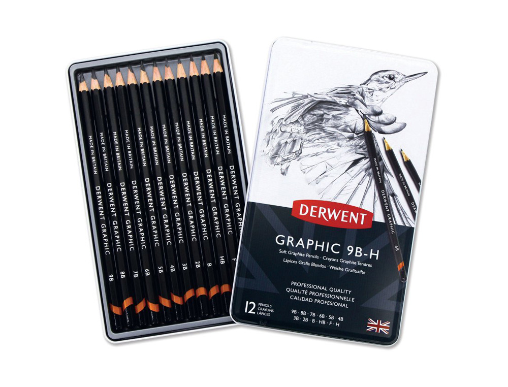 LAPICES DE GRAFITO DERWENT CAJA METALICA 12 UNIDADES DUREZAS SURTIDAS