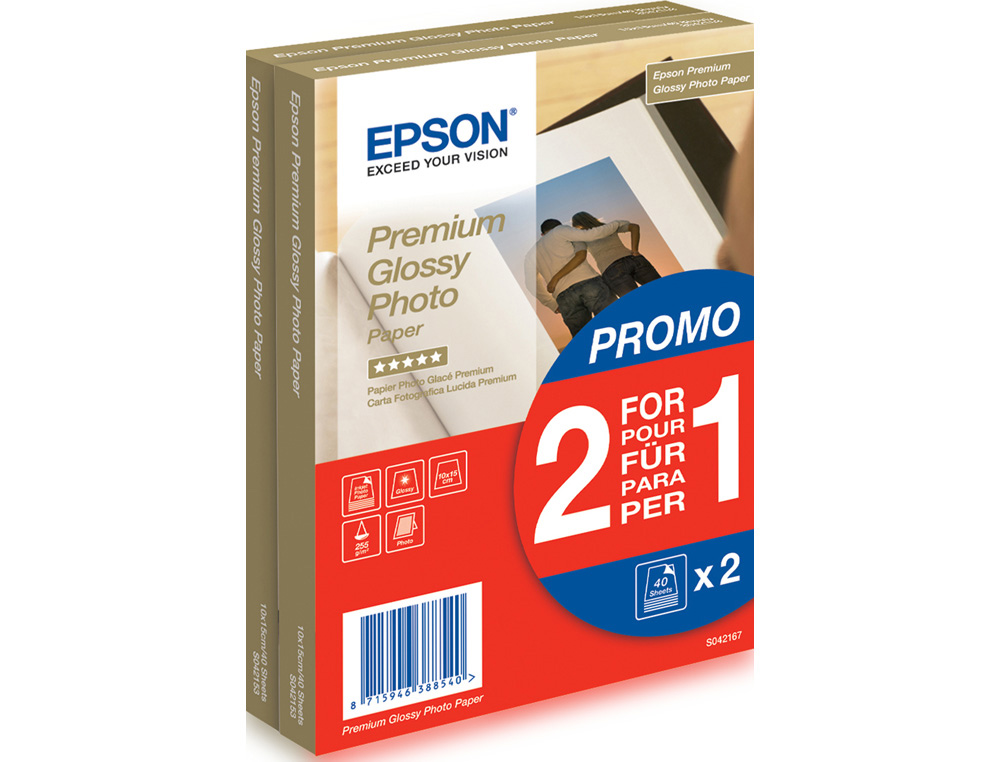 PAPEL FOTOGRAFICO EPSON PREMIUM PHOTO BRILLO 10X15 CM 255 GR 2 X PACK 40 HOJAS